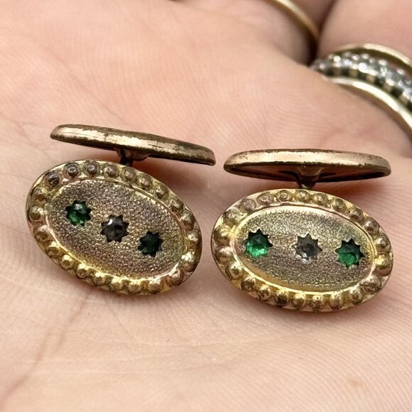 Antique Victorian Gold Filled Top Star Green Stone Cuff Links Cufflinks - Picture 1 of 6